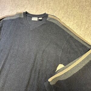 Vntg Sedgefield‎ Mens Dark Gray V-Neck Long Sleeve Sweater Striped Sleeves Large